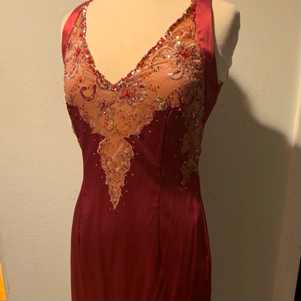 Embellished Rose Evening Dress with Beaded Lace Bodice